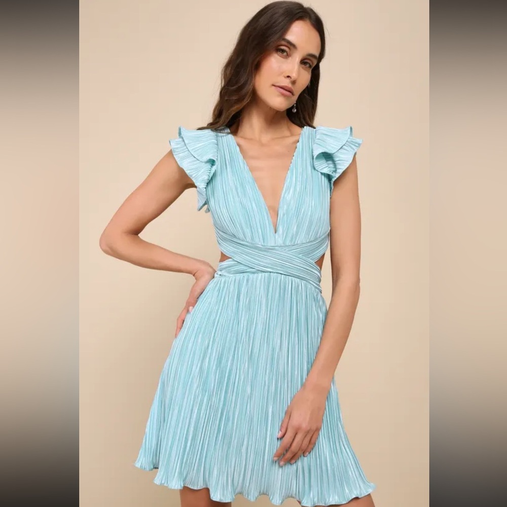 Lulus captivating delight teal plisse satin lace-up mini dress